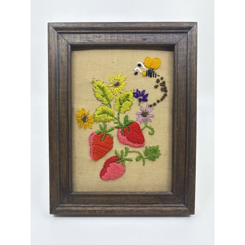 Vtg Crewel Floral And Strawberry Framed Artwork